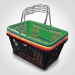 Rainbow Plastic Shopping Baskets with sign and stand