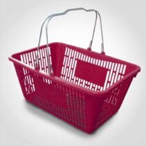 Maroon Jumbo Plastic Shopping Baskets with sign and stand