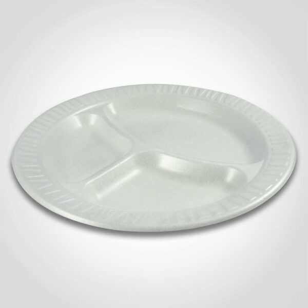 10.25 inch round foam dinner plate with 3 compartments