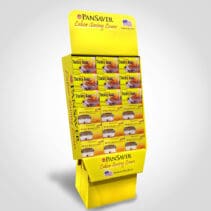 Pansaver Merchandising Display in a bright yellow with 45 boxes on Turkey Oven Bags and 45 boxes of Electric Roaster Liners